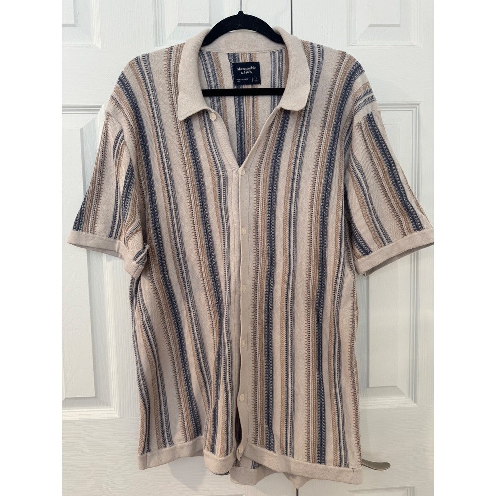 Abercrombie & Fitch Mens Large Vertical Stripe Knit Button Up Sweater Polo Shirt